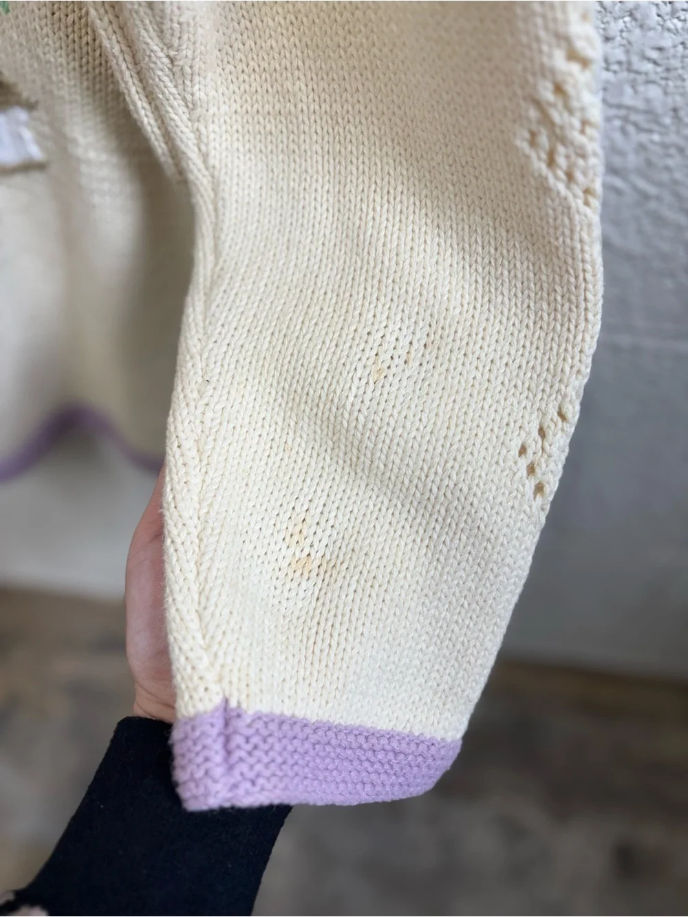 Vintage Storybook Knits Cream Reading Cardigan with Lavender Trim